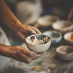 Individual holding a beautifully designed bowl with fresh fruits in a bright and cheerful setting