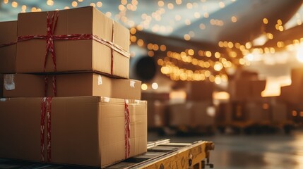 A stylishly captured scene of stacked packages at an airport with festive lights in the background, symbolizing logistics and the excitement of global trade during holiday seasons.