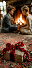 Cozy gift by a couple near a warm fireplace on a beautiful carpet, evoking warmth, love, and togetherness in an intimate setting.
