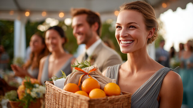 Smiling bridesmaid holds a basket of oranges at an outdoor wedding reception, exuding joy and elegance in a natural setting.