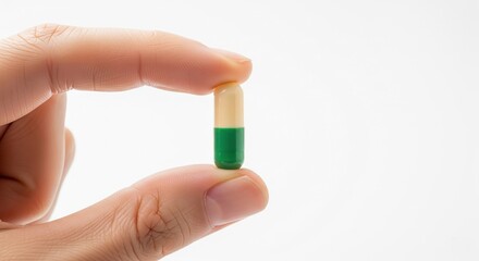 Hand holding green and beige capsule pill close-up on white background