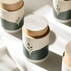 Group of stylish containers with a thriving plant on top creating a unique decorative display