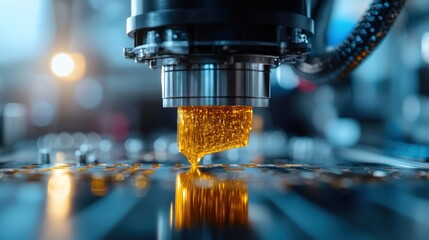 A close-up view of a high-tech machine extruding a golden liquid material, highlighting the intersection of cutting-edge technology and precision manufacturing in modern industries.