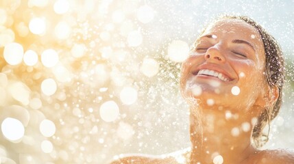 Enjoying a refreshing shower under the bright sunlight at a poolside