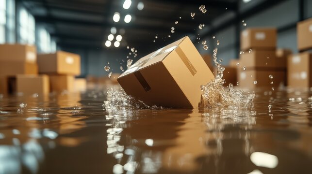 A cardboard box floats amidst flooding in a warehouse, symbolizing disruption and chaos caused by unforeseen events and their impact on logistics and management.