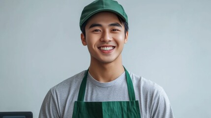 Young man in green uniform and cap smiling. Useful for topics related to the working environment and everyday life.