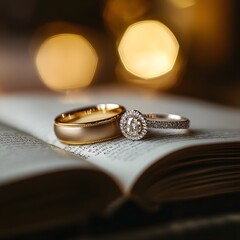 Two intertwined wedding rings positioned on book pages representing eternal love and unity