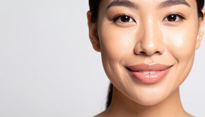 Obraz premium Close-up portrait of a smiling woman with natural makeup, displaying healthy skin and an engaging expression on a light background