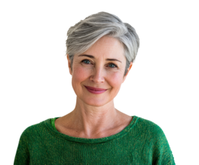 Confident woman smiling in a green sweater with short hair on a transparent background, cut out