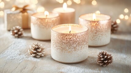 Elegant candles with warm glow surrounded by festive decorations