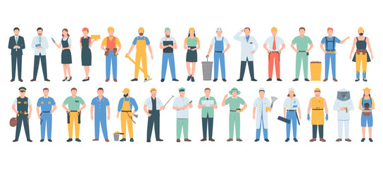 Flat Vector People in Different Professions – Doctors, Engineers, Workers, Police, Chefs, and More in Uniform for Career Concepts