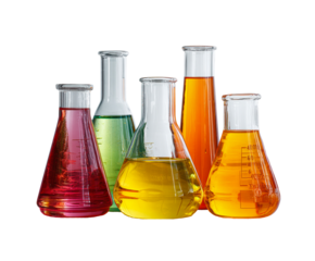 Colorful flasks with liquids for experiments on a transparent background, cut out