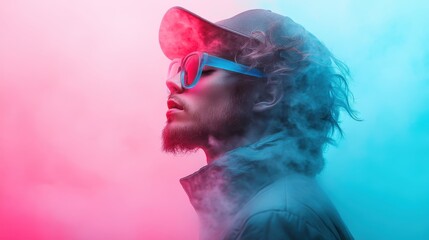 A stylish man wearing sunglasses stands in vibrant pink and blue smoke, creating an intriguing and artistic representation of modern street style and individuality.