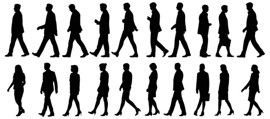 Business People Silhouettes Walking in Profile – Professional Men and Women Commuting or Working in Corporate Office Environment