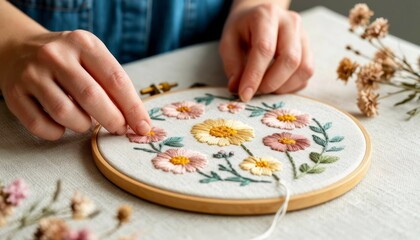 Creating beautiful floral embroidery at a cozy crafting table with natural lighting
