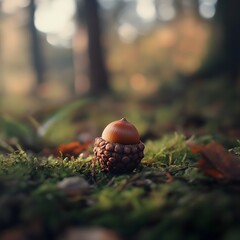 Charming mushroom growing in a dense forest surrounded by greenery and fallen leaves on the ground