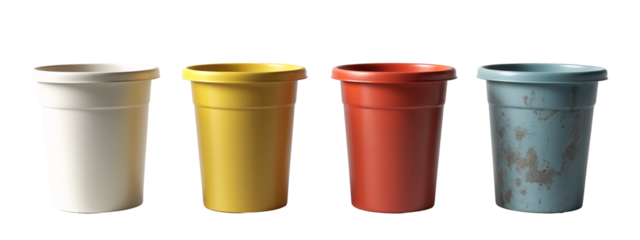 A group of four different colored trash cans sitting next to each other.