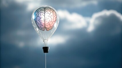A hot air balloon shaped like a brain floats against a cloudy sky, symbolizing creativity and intelligence.