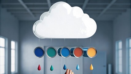 A white cloud with paint cans below it drops colorful paint droplets in a modern, minimalist room.