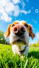 Dog enjoys playtime in the park surrounded by droplets of water under a bright blue sky