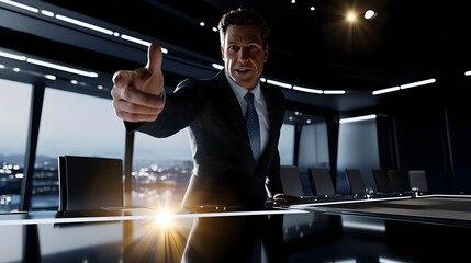 Businessman in a suit pointing at a presentation on table while engaging with colleagues at meeting