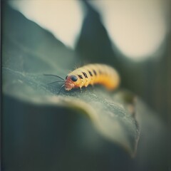 Caterpillar resting on a leaf in a natural setting surrounded by lush green foliage