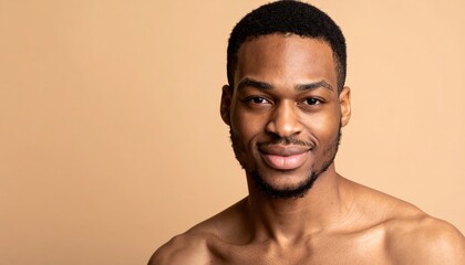 Close-up portrait of a smiling young Black man against a minimalistic beige background showcasing natural beauty and confidence