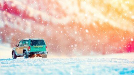 Adventure on a snowy road with a green SUV in winter landscape