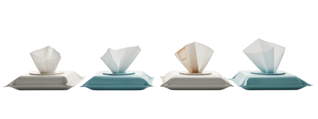 A row of four white and blue tissue boxes