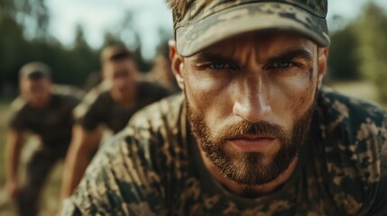 A determined soldier displays intense focus and strength while training, showcasing discipline and resilience during military exercises in an outdoor environment.