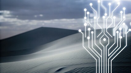 A futuristic digital circuit tree overlay appears above sand dunes in a desert landscape under a cloudy sky.
