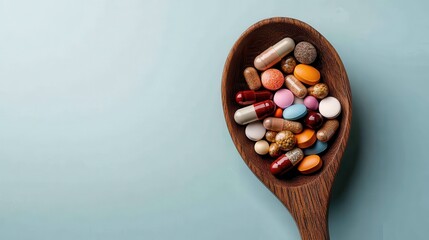 A wooden spoon filled with a colorful assortment of various dietary supplements including capsules, tablets, and gummies showing the diversity in nutrition options and health.