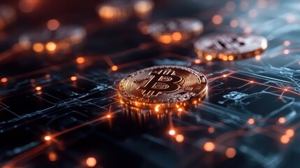 Bitcoin coins on a vibrant digital network background, showcasing the fusion of technology and finance in the era of cryptocurrencies and blockchain innovations.
