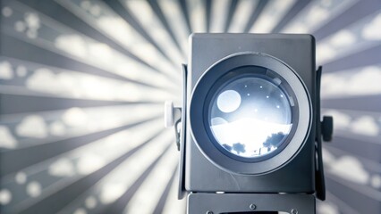 A spotlight projects light with a scenic image inside the lens, creating dramatic rays and a cinematic effect.