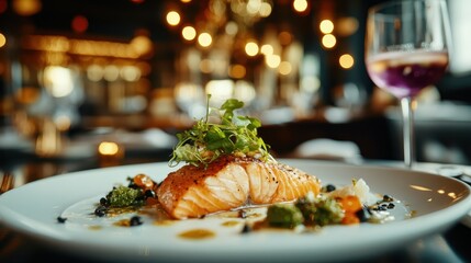 An exquisite plate of gourmet salmon garnished with fresh greens and a glass of wine set in an elegant dining atmosphere creates an inviting culinary experience.