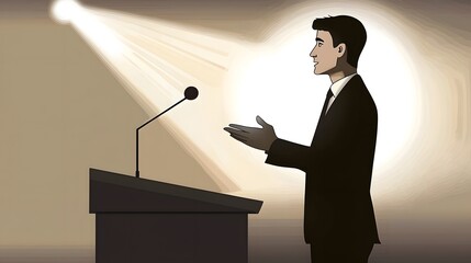 Engaging man delivering a powerful speech to an enthusiastic audience at a grand conference event