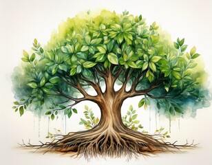 a beautiful watercolor illustration of a tree with lush green leaves and a detailed root system perfect for nature themed designs