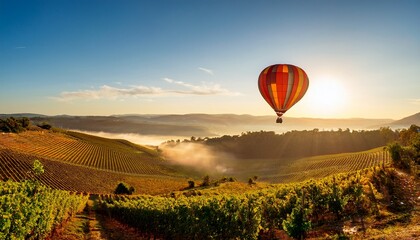 Obraz premium hot air balloon soaring over rolling vineyards at sunrise
