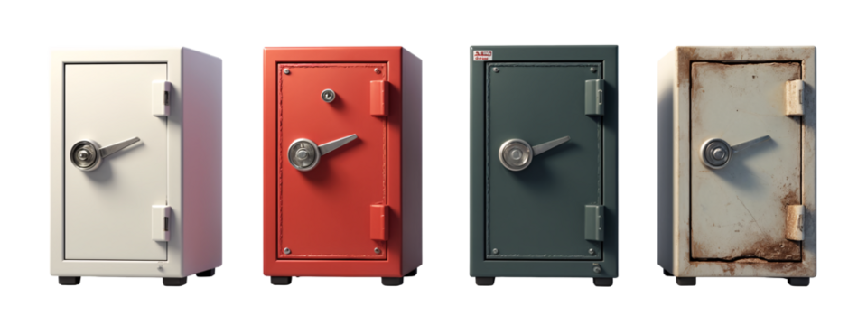 A set of four different colored safes