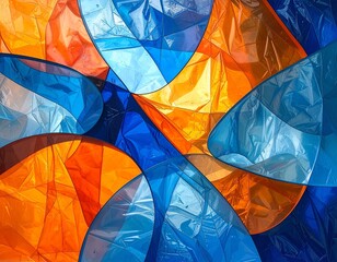 waste to wealth turning trash into treasure colorful plastic shapes blend in an abstract art design with blue and orange tones