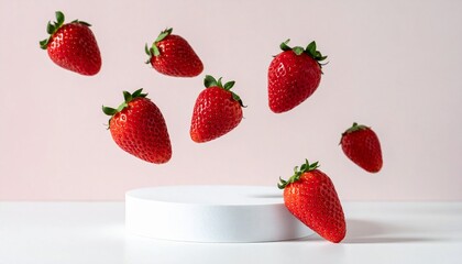 juicy strawberries appear to float above a white sculptural base in the air