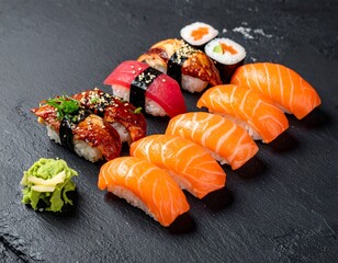 assorted sushi and sashimi selection on dark background
