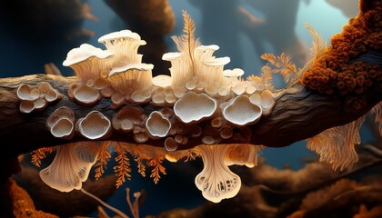 fungal growth on tree branch with white and brown colors irregular shapes and sizes forest nature
