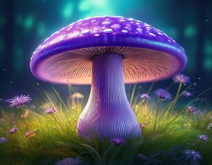 a vibrant illustration of a purple mushroom surrounded by green grass featuring intricate details and a whimsical feel perfect for nature themed projects