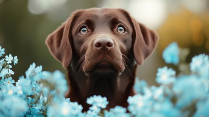A charming brown Labrador puppy gazes thoughtfully among vibrant blue flowers, capturing a serene moment of beauty and innocence in a picturesque garden.