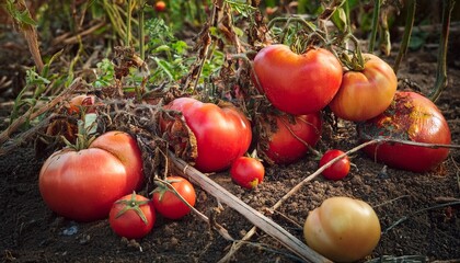 overripe tomatoes in a garden bed with weeds and vines tangled around them with some stems breaking off due to decay sick diseased