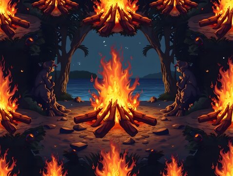 Beach bonfire seamless tile pattern with flickering flames and cozy summer night gatherings concept as Flickering bonfire flames and cozy summer night gatherings create a seamless Seamless Set