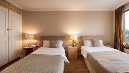 bedroom with two single beds each with a bedside table and lamp twin beds