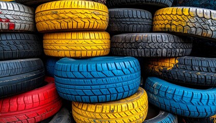 waste to wealth turning trash into treasure colorful stacked tires in various shades showcasing an abstract automotive background