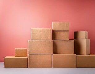 cardboard boxes stacked against a pink background